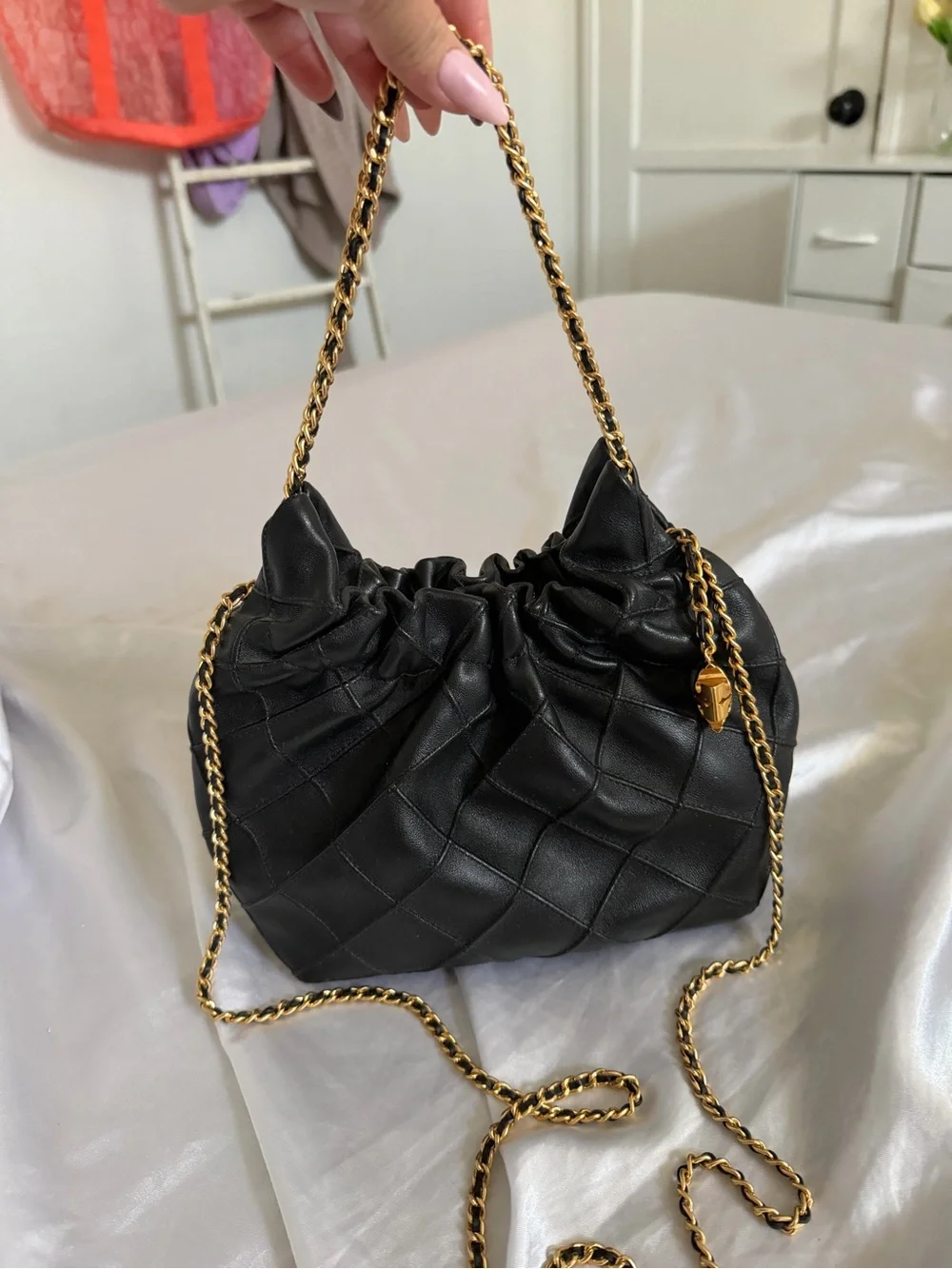 Tory Burch Black Quilted Mini Hobo with Gold Chain Hardware